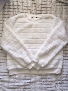 Plush White Fuzzy Striped Pullover Sweater